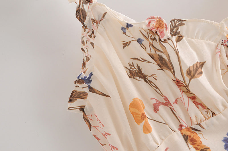 Backless Suspenders Ruffled Chiffon Floral Midi Dresses