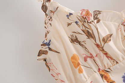Backless Suspenders Ruffled Chiffon Floral Midi Dresses