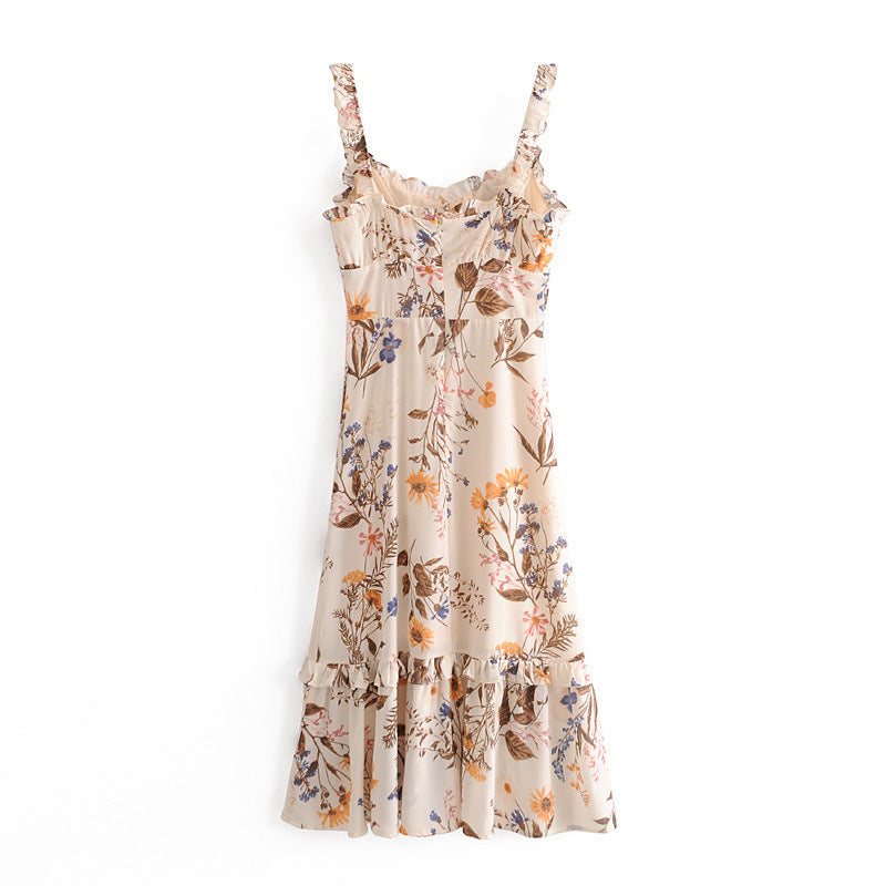 Backless Suspenders Ruffled Chiffon Floral Midi Dresses