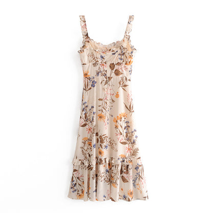 Backless Suspenders Ruffled Chiffon Floral Midi Dresses