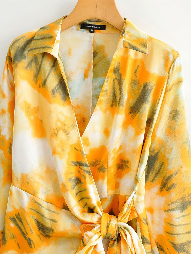 V-neck Pile Collar Lace-up Tie Dye Mini Dresses