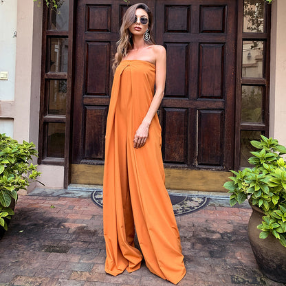 Tube Top Wide Leg Party Pocket Backless Zipper Jumpsuit Black
