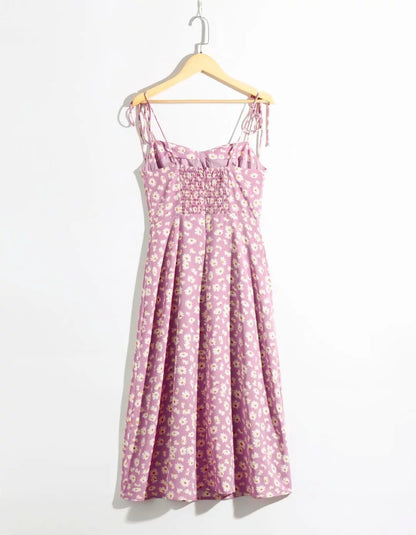 Vintage Floral Printed Suspenders Daisy Midi Dresses