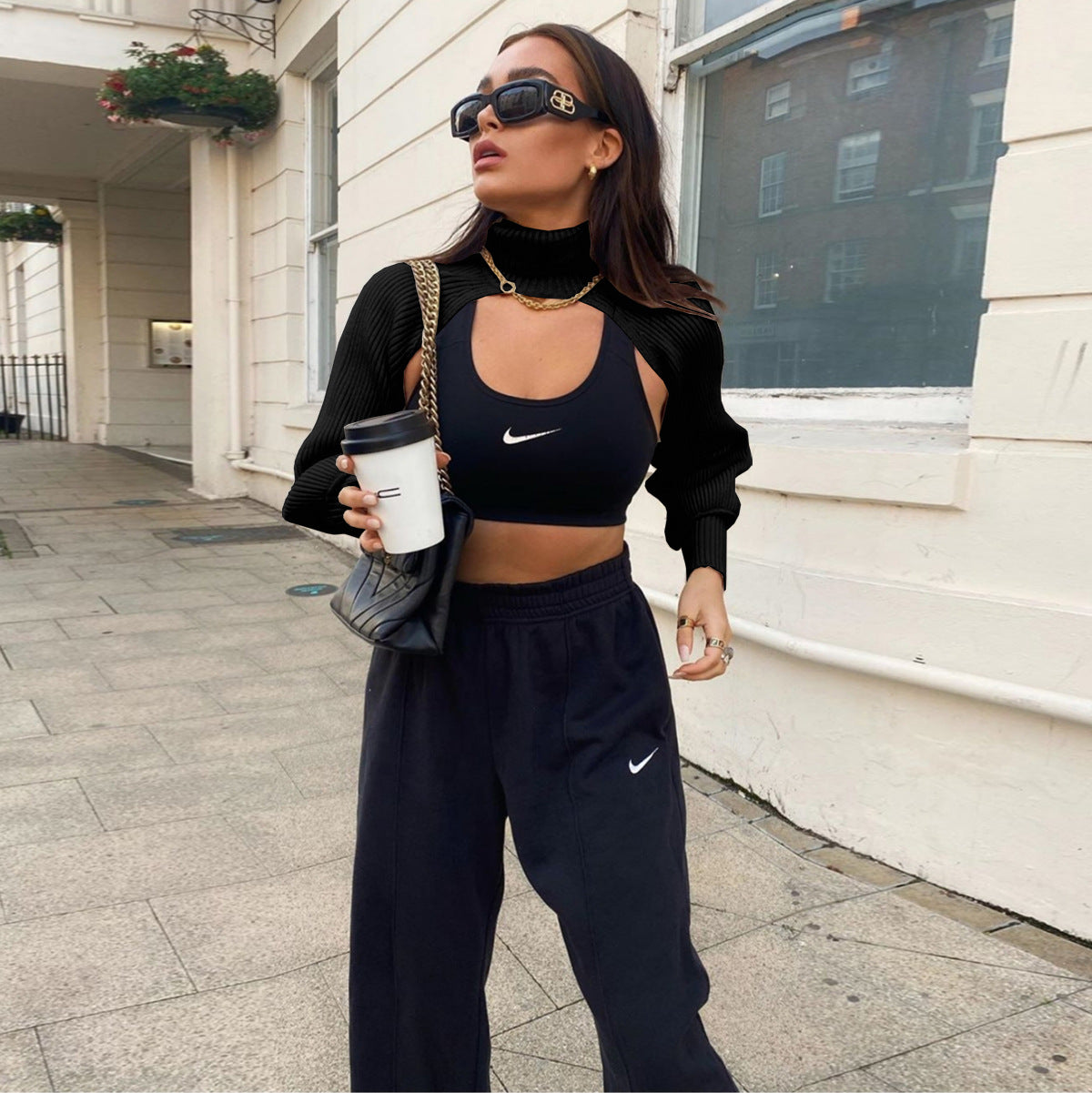 Casual Turtleneck Lantern Sleeve Cutout Cropped Knit Sweater Black