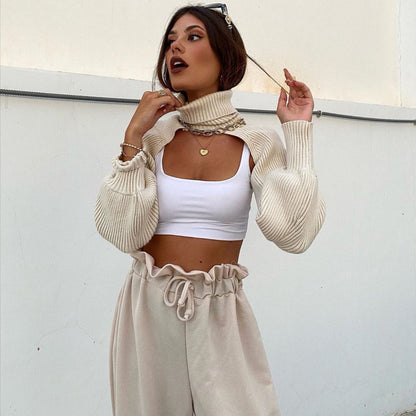 Casual Turtleneck Lantern Sleeve Cutout Cropped Knit Sweater