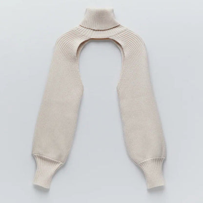 Casual Turtleneck Lantern Sleeve Cutout Cropped Knit Sweater Camel