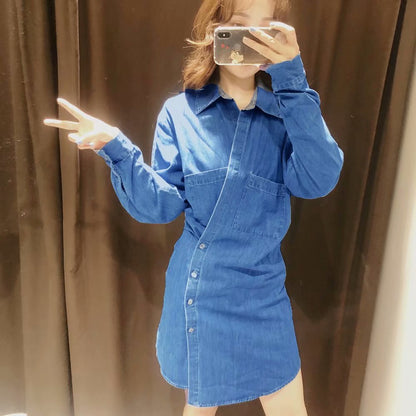 Pile Collar Single-breasted Denim Mini Dresses