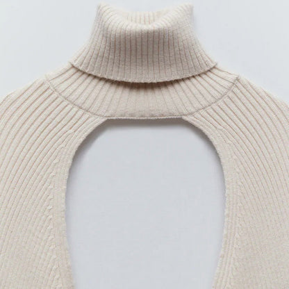 Casual Turtleneck Lantern Sleeve Cutout Cropped Knit Sweater