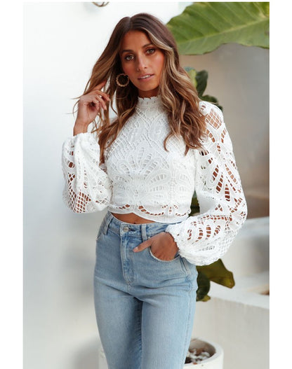 Lace Hollow-out Lantern Sleeve Crop Tops
