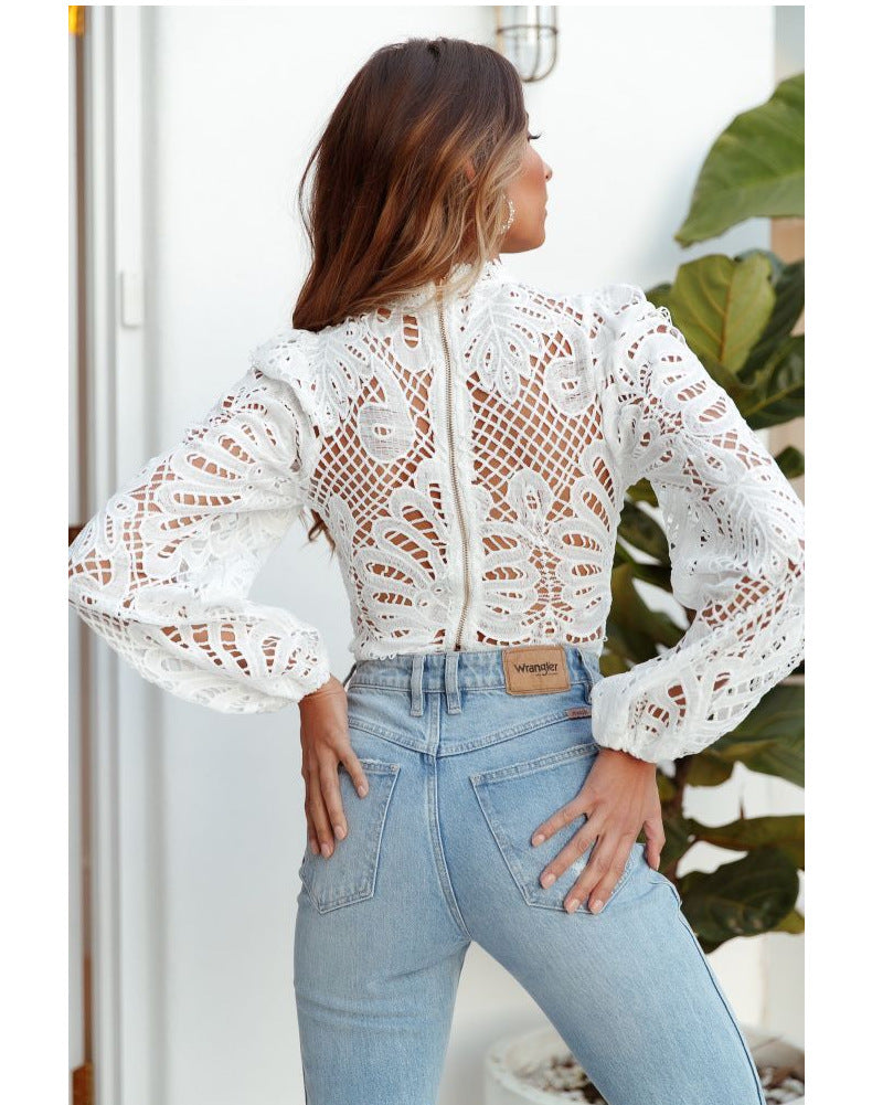 Lace Hollow-out Lantern Sleeve Crop Tops