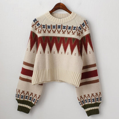 Knit Contrast Argyle Pattern Geometry Sweater