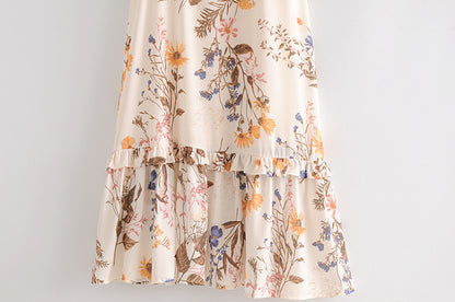 Backless Suspenders Ruffled Chiffon Floral Midi Dresses