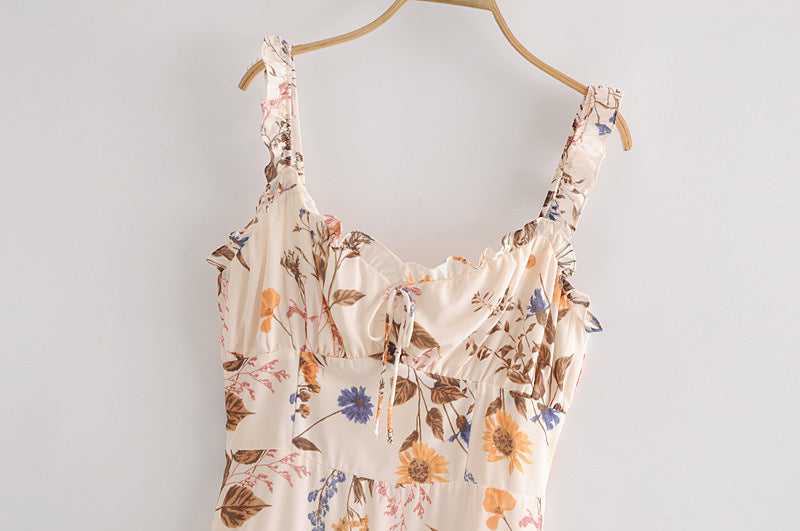 Backless Suspenders Ruffled Chiffon Floral Midi Dresses