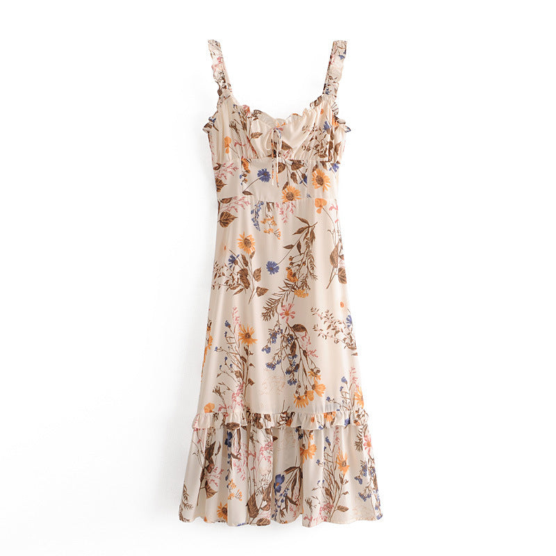 Backless Suspenders Ruffled Chiffon Floral Midi Dresses