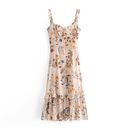 Backless Suspenders Ruffled Chiffon Floral Midi Dresses