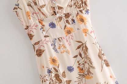 Backless Suspenders Ruffled Chiffon Floral Midi Dresses