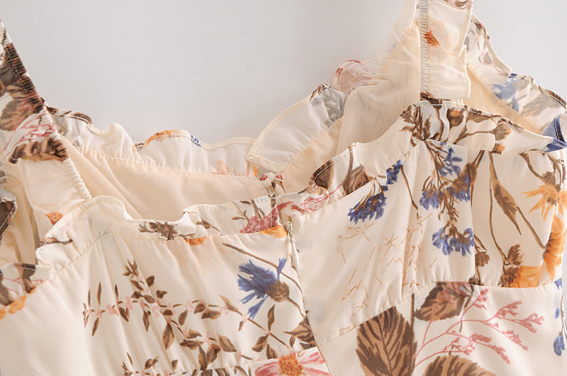 Backless Suspenders Ruffled Chiffon Floral Midi Dresses
