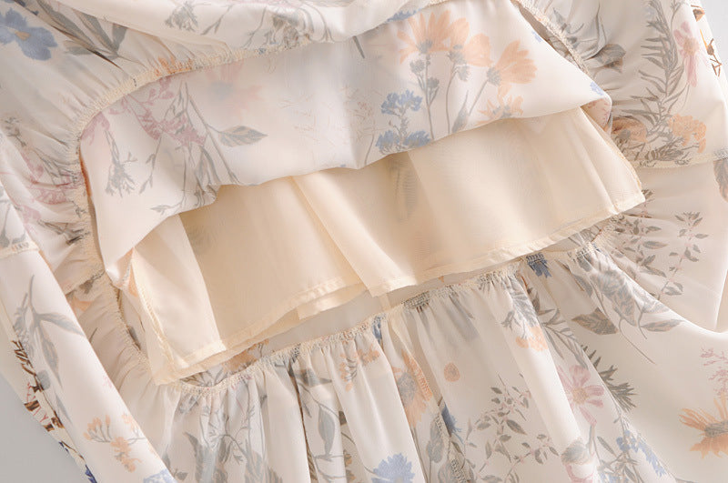 Backless Suspenders Ruffled Chiffon Floral Midi Dresses