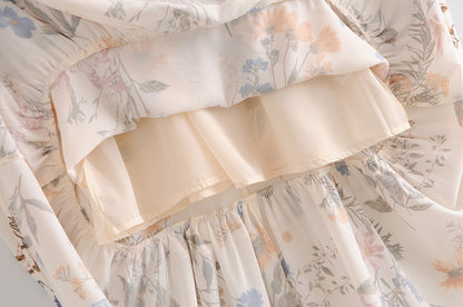 Backless Suspenders Ruffled Chiffon Floral Midi Dresses