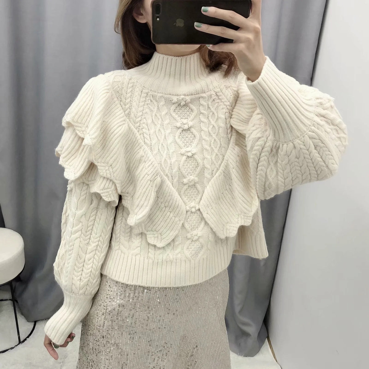 High Collar Ruffles Lantern Sleeves Knit Sweater