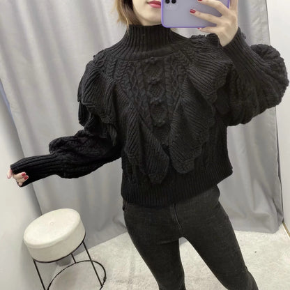 High Collar Ruffles Lantern Sleeves Knit Sweater
