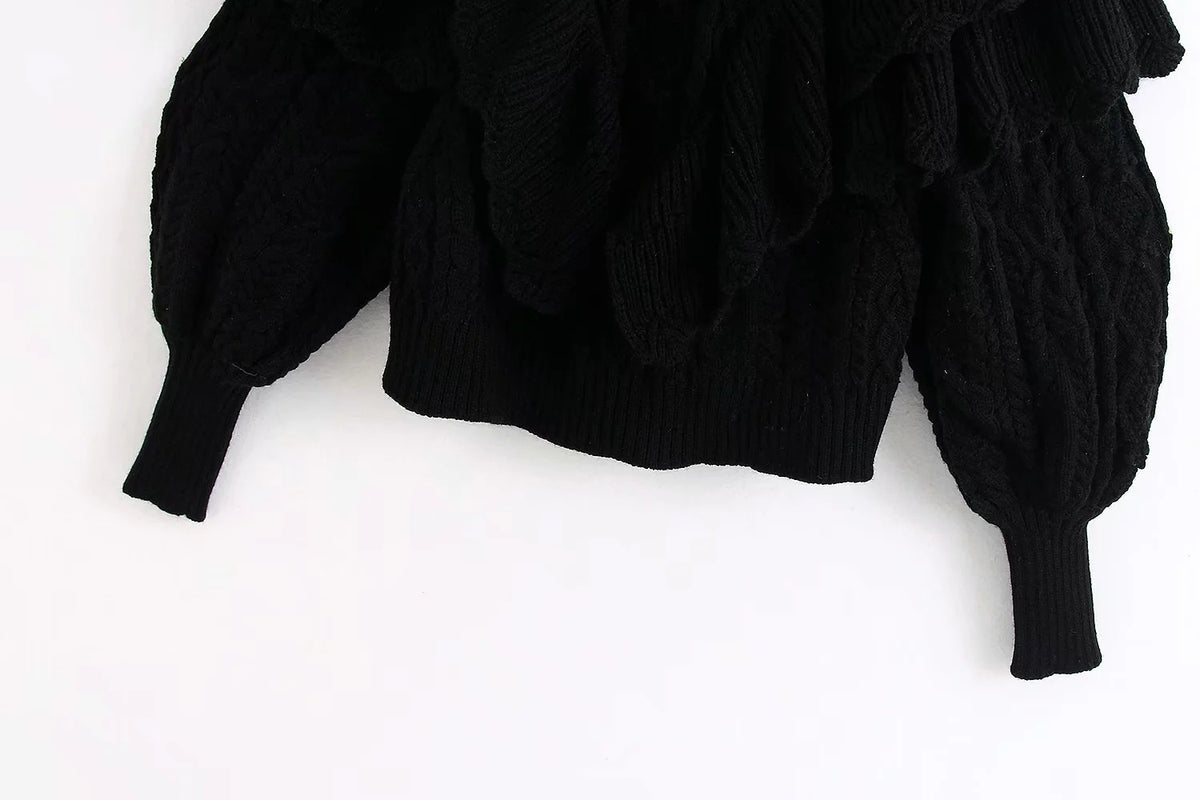 High Collar Ruffles Lantern Sleeves Knit Sweater