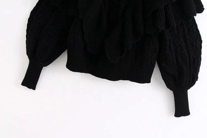 High Collar Ruffles Lantern Sleeves Knit Sweater