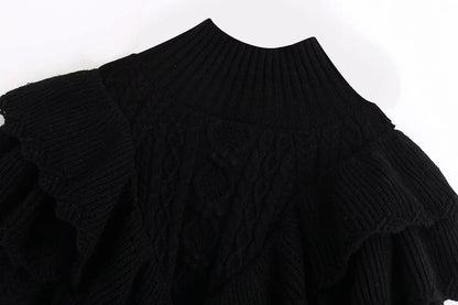 High Collar Ruffles Lantern Sleeves Knit Sweater