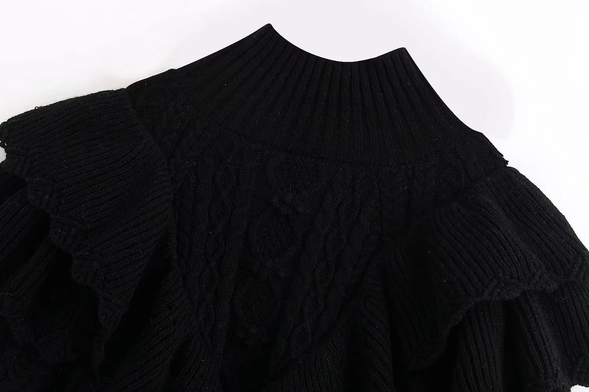 High Collar Ruffles Lantern Sleeves Knit Sweater