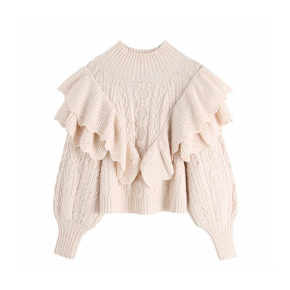 High Collar Ruffles Lantern Sleeves Knit Geometry Sweater