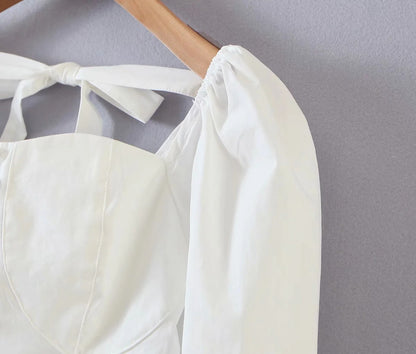 Square Collar Lantern Sleeve Backless Tie-Back Shirts Blouses Crop Tops