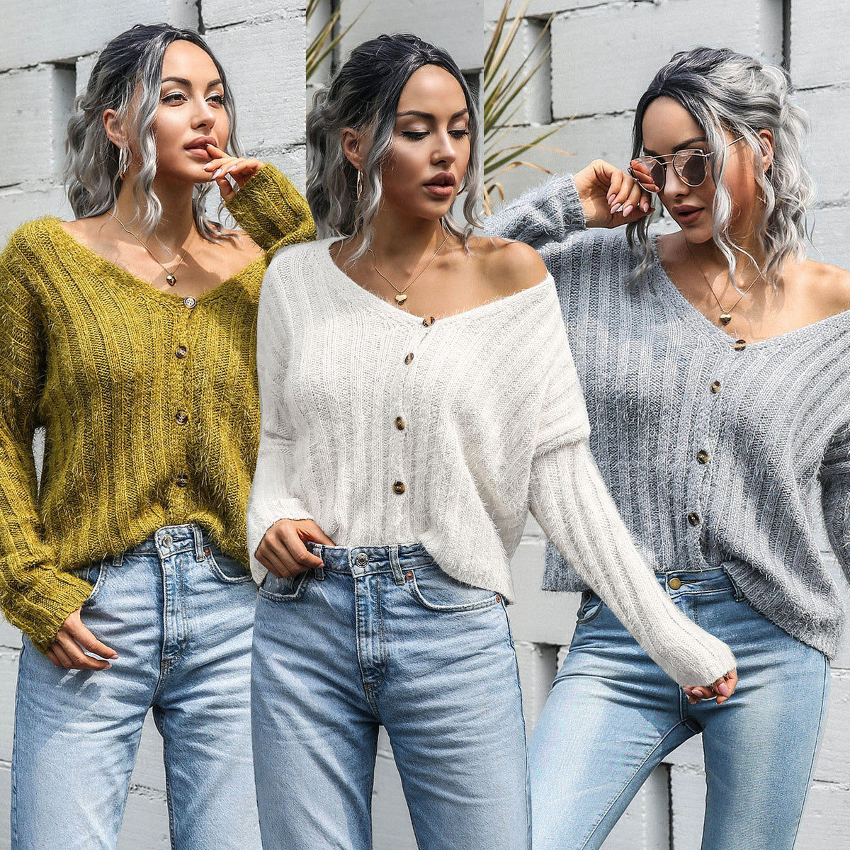 V-neck Single-breasted Knit Sweaters Cardigans