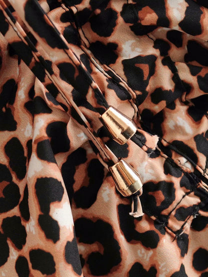 V-neck Leopard Pleated Slit Drawstring Midi Dresses
