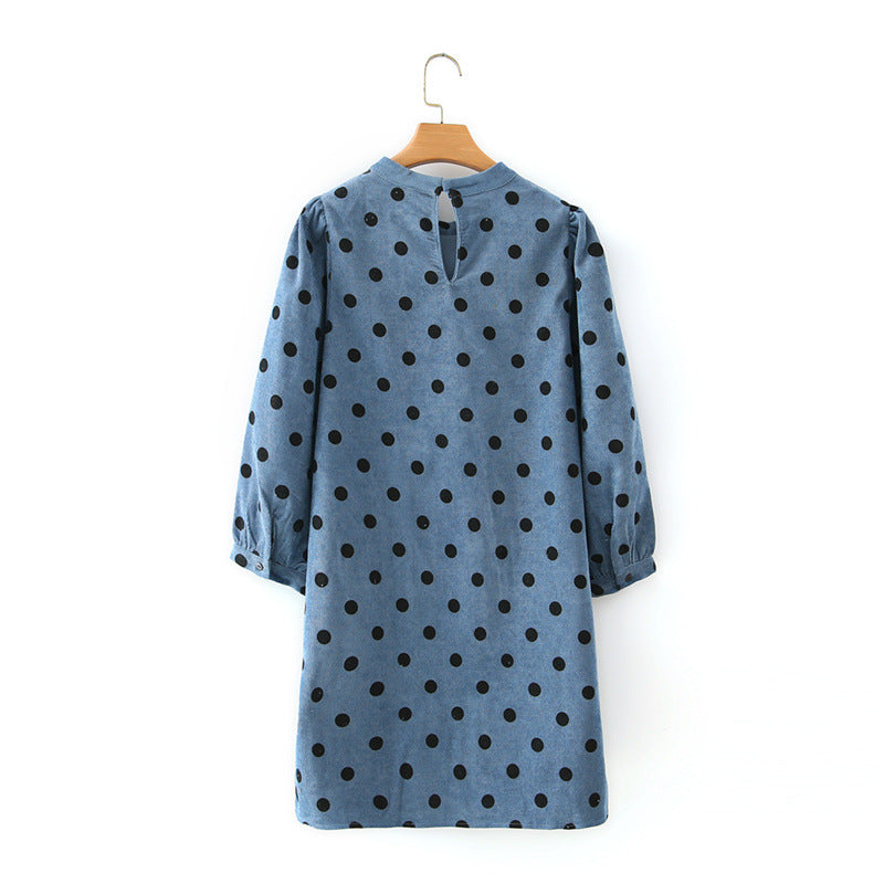 Polka Dot Lantern Sleeve Corduroy Mini Dresses