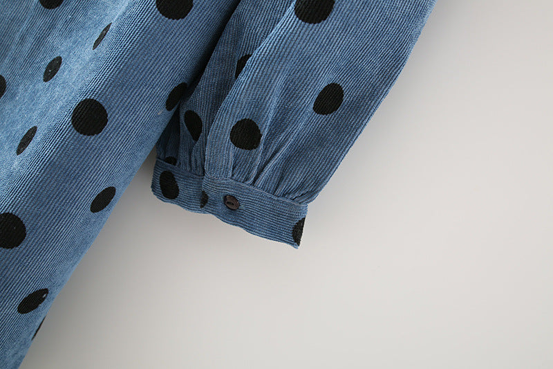 Polka Dot Lantern Sleeve Corduroy Mini Dresses