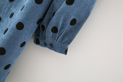 Polka Dot Lantern Sleeve Corduroy Mini Dresses
