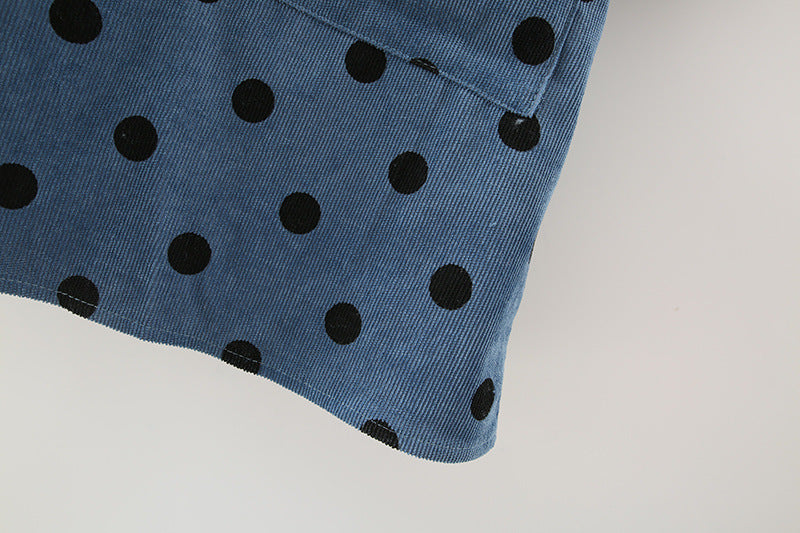 Polka Dot Lantern Sleeve Corduroy Mini Dresses