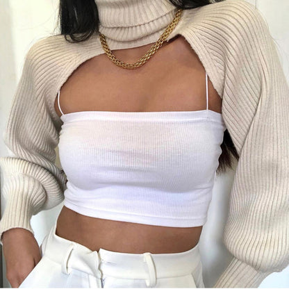 Casual Turtleneck Lantern Sleeve Cutout Cropped Knit Sweater Camel