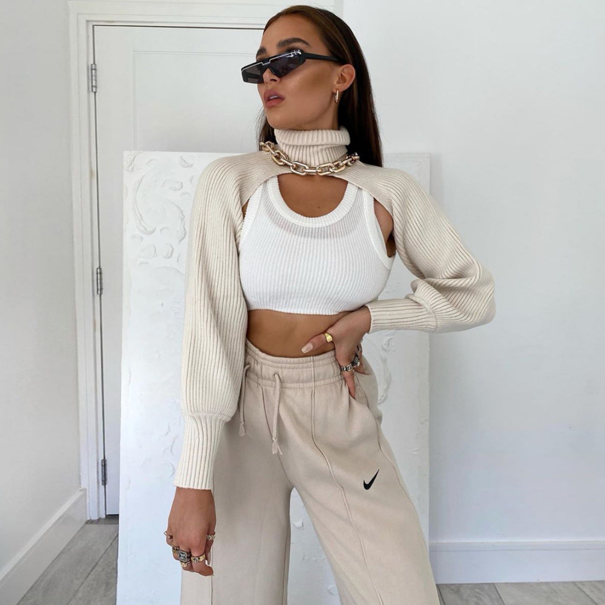 Casual Turtleneck Lantern Sleeve Cutout Cropped Knit Sweater