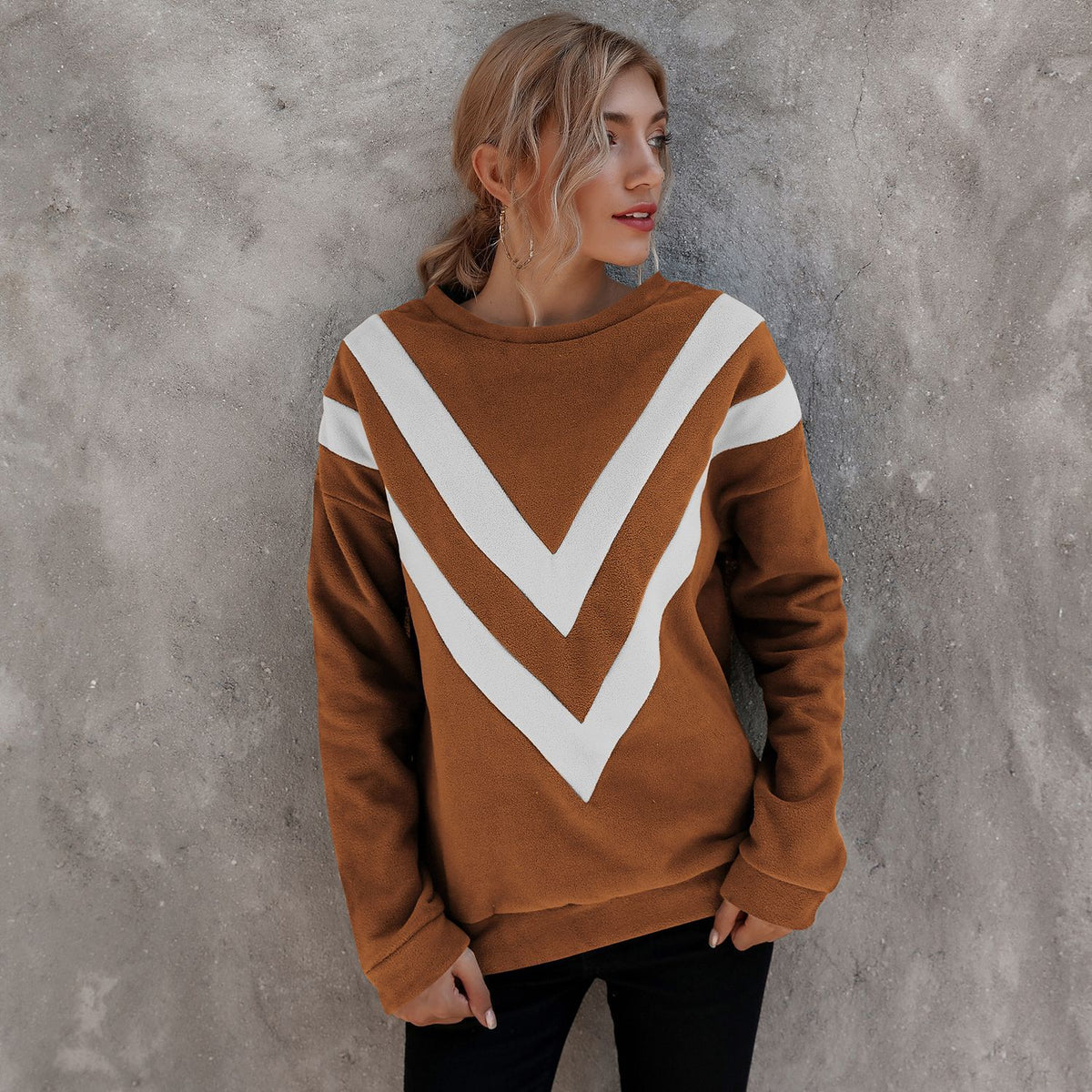 Round Neck Loose Striped Long Sleeve Sweatshirts Top