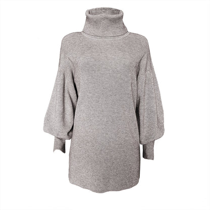 Knit Lantern Sleeve High Collar Sweater Mini Dresses