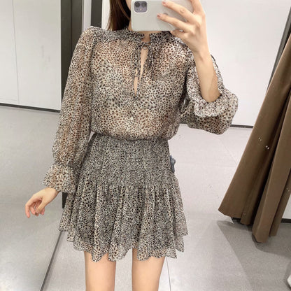 V-neck Leopard Single-breasted Lace-up Mini Dresses
