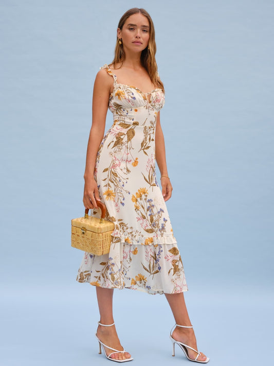 Backless Suspenders Ruffled Chiffon Floral Midi Dresses