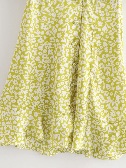 V-neck Puff Sleeve Single-breasted Floral Mini Dresses