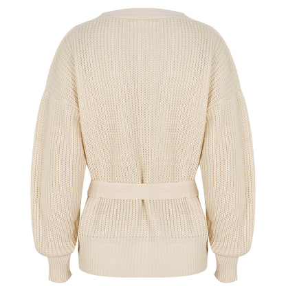 V-neck Lace-up Knit Apricot Lantern Sleeve Sweaters