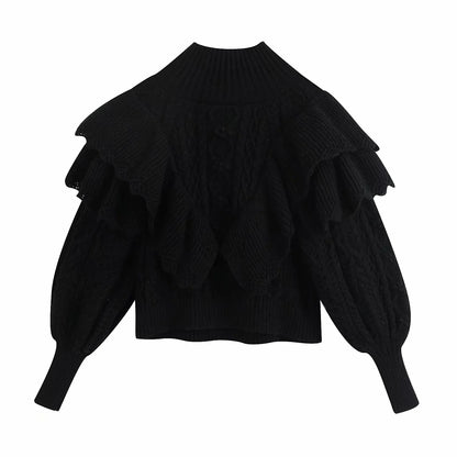 High Collar Ruffles Lantern Sleeves Knit Sweater