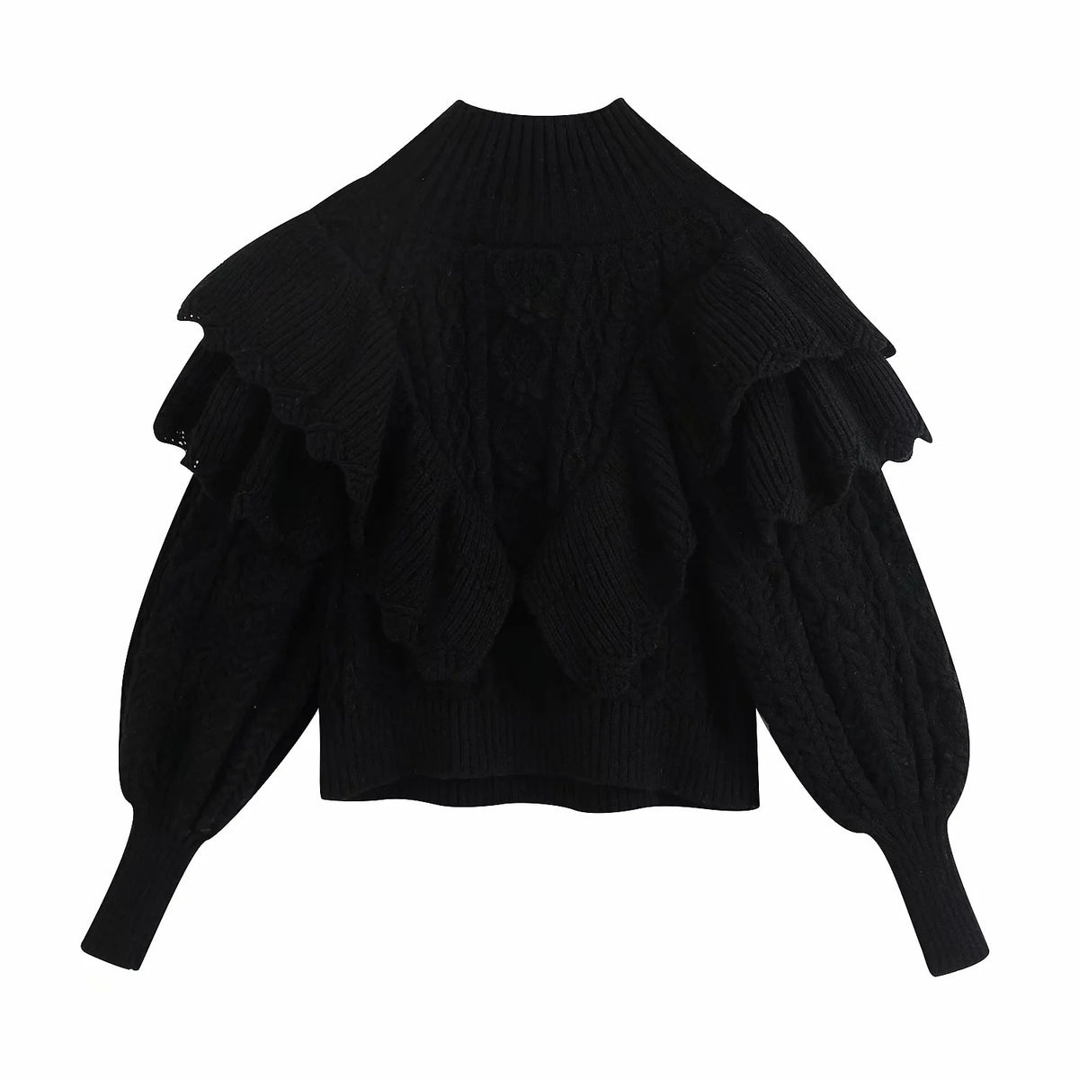 High Collar Ruffles Lantern Sleeves Knit Sweater