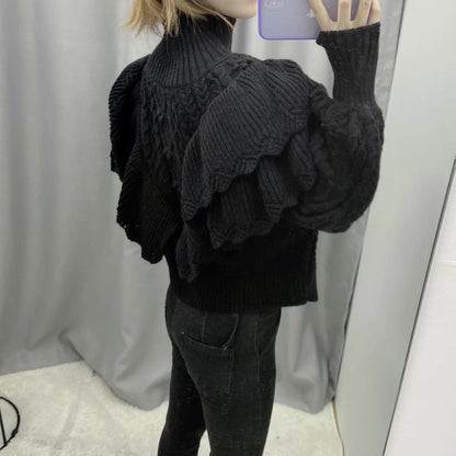 High Collar Ruffles Lantern Sleeves Knit Sweater