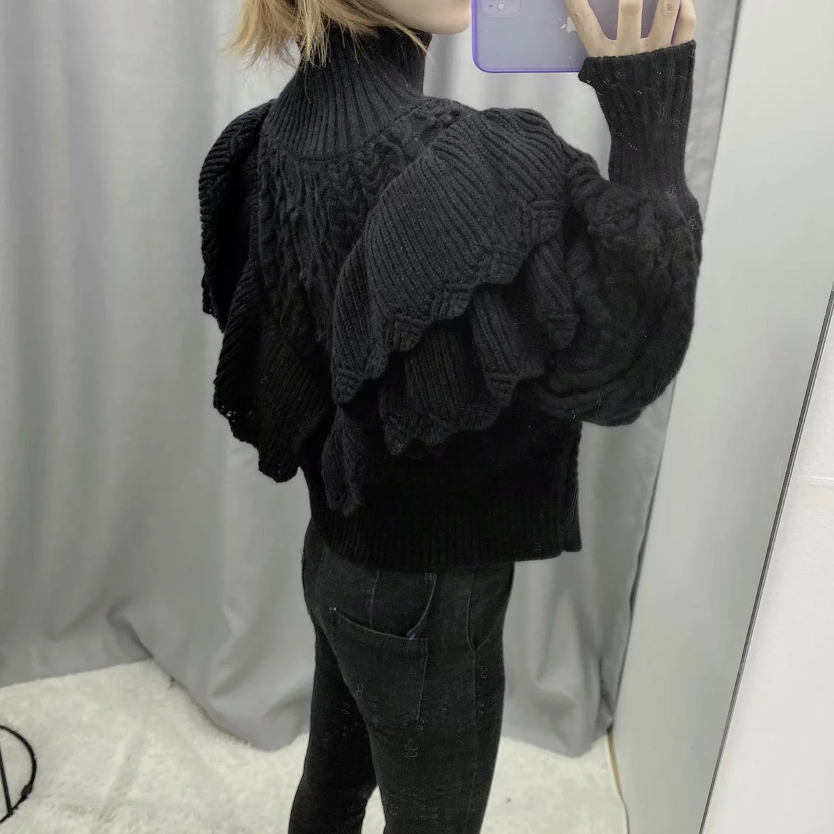 High Collar Ruffles Lantern Sleeves Knit Sweater