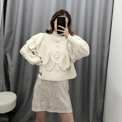 High Collar Ruffles Lantern Sleeves Knit Sweater